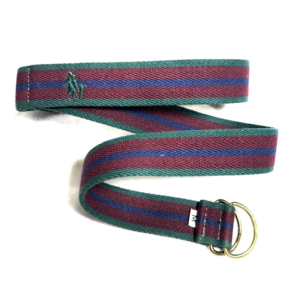 Polo Ralph Lauren D-Ring Belt Medium Green Burgundy Stripe Pony Logo Bass Buckle